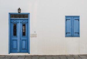 Outside a blue door