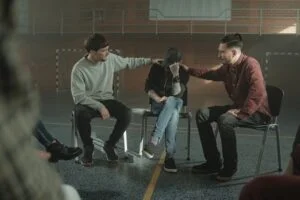 Two men comforting another man in a group therapy session at rehab