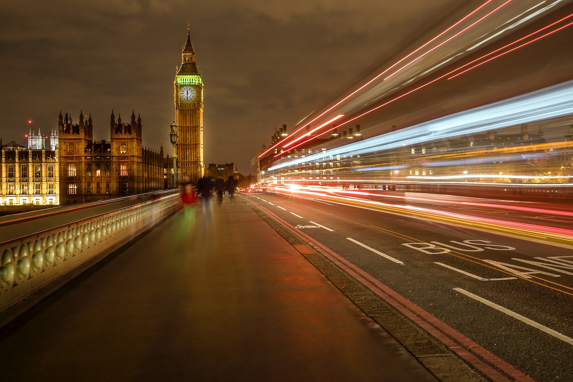 A view of London at night with lights streaming along a road