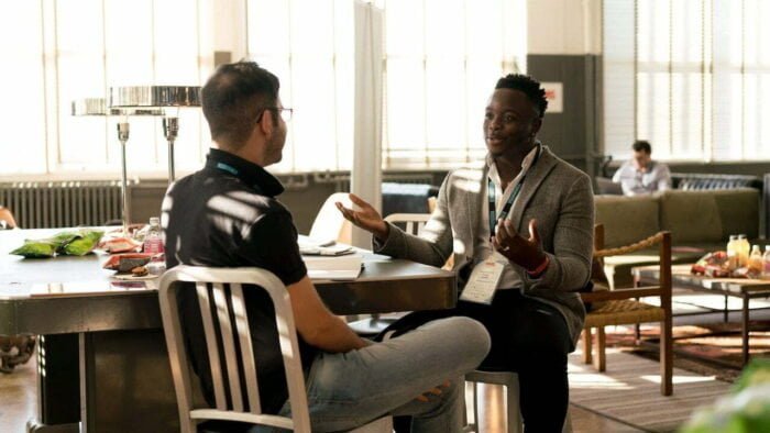 Patient and staff member in a rehab centre discussing alcoholism